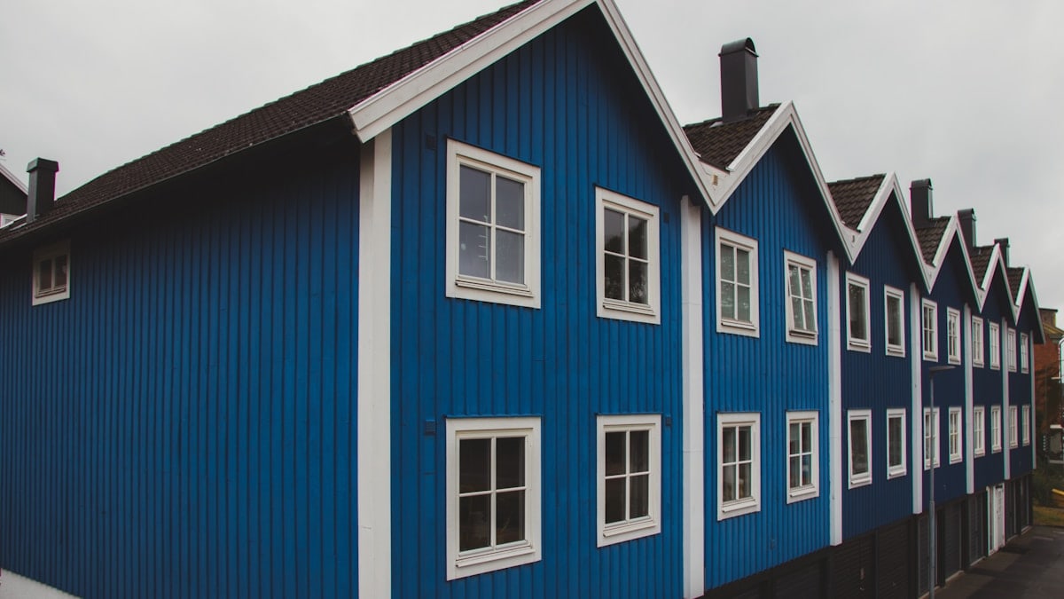 white, black, and blue wooden houses ahead
